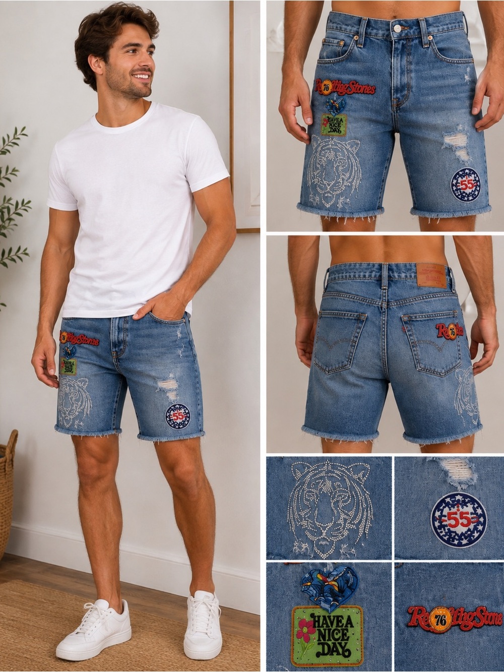 Levi’s Premium 527 W32 Custom Rhinestone Tiger Patch Distressed Denim Jorts
